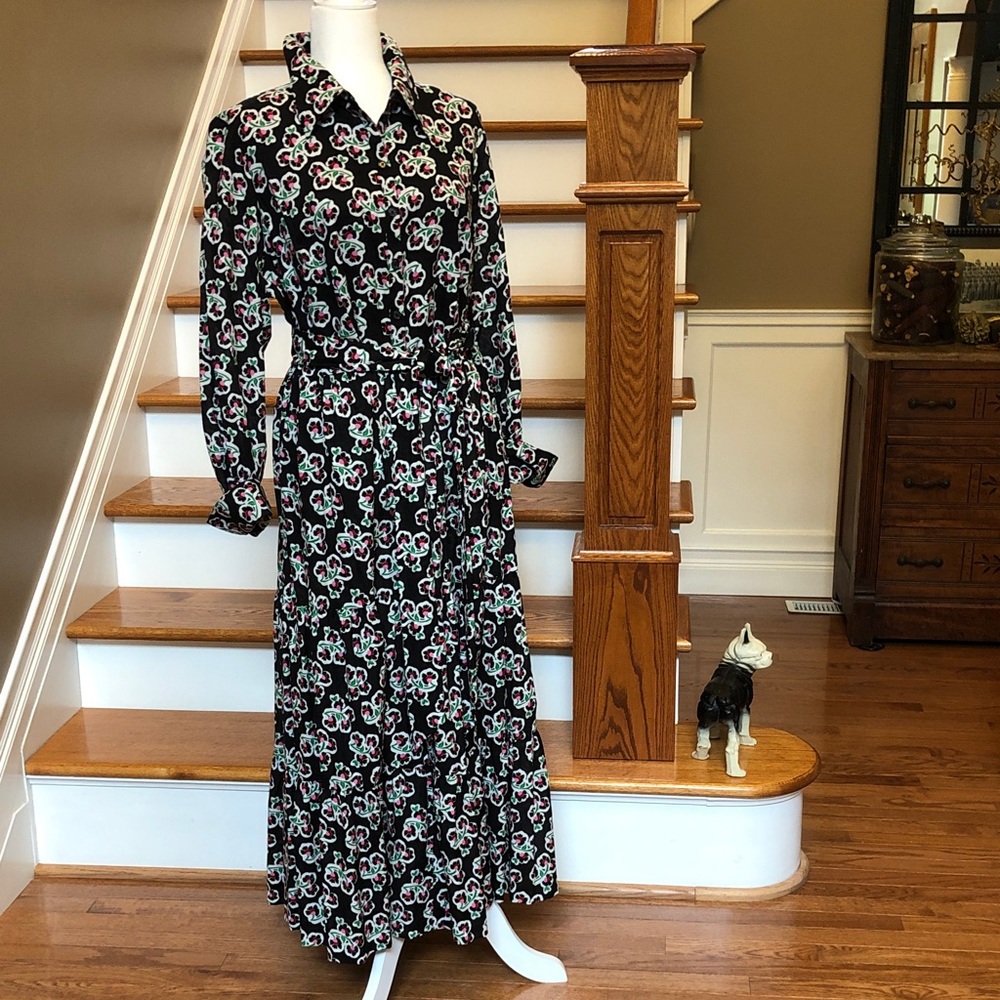 Boden Black Floral Maxi Shirt Dress with Belt